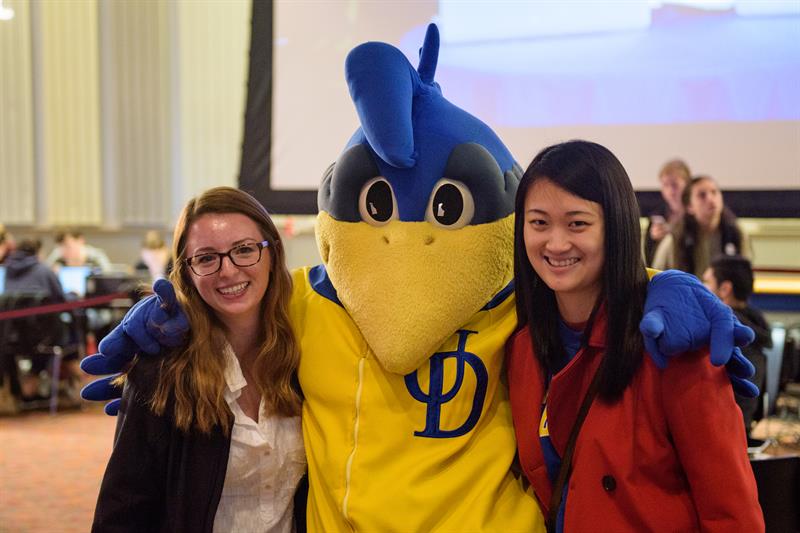 UDee mascot and UD students at Election Central 2016