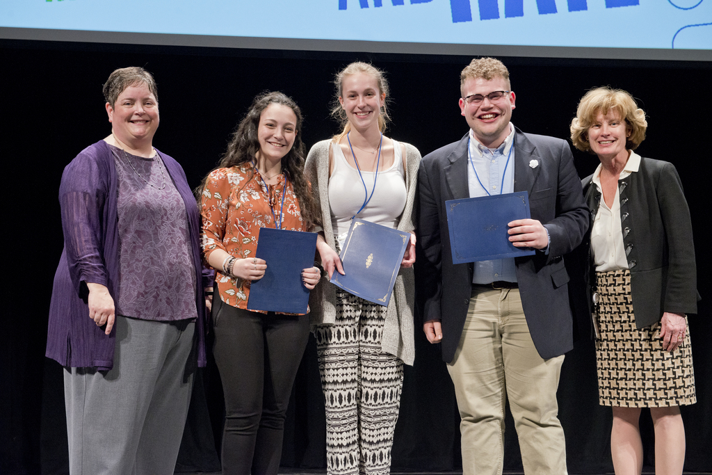 Speech Limits Conference Director and Communication Professor Jenny Lambe, junior Rachel Stamberg, junior Delaney DeTitta, Joshua Diehl (graduated in December 2018) and Provost Robin Morgan