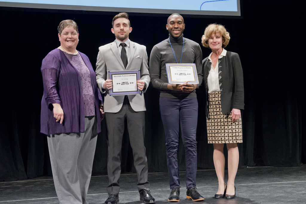 Speech Limits Conference Director and Communication Professor Jenny Lambe, MPA student Eric Hastings, junior Jymere Stillis-Stanford, and Provost Robin Morgan