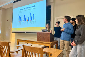 A group of college students inside a classroom present a report with a slideshow on a screen.